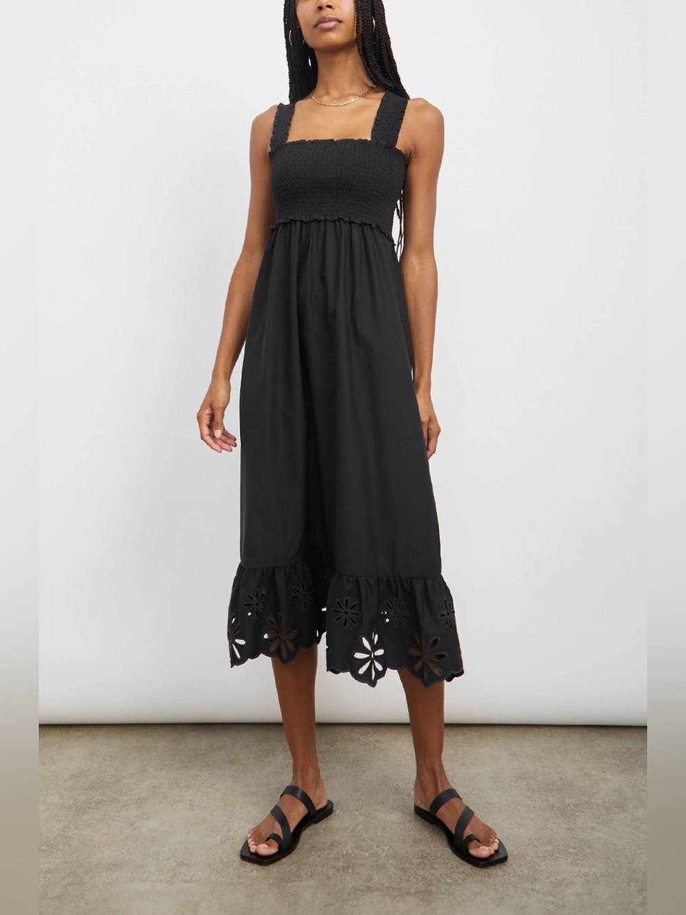 NWOT Rails Rumi Black Smocked Midi Dress with Eyelet Hem Size Small